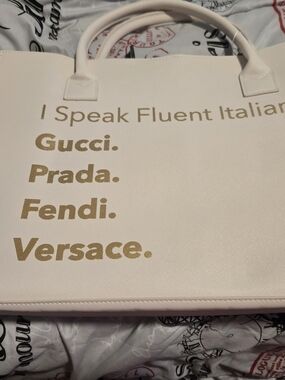 I Speak Fluent Italian Cream Tote Bag by Gucci/Prada/Fendi/Versace